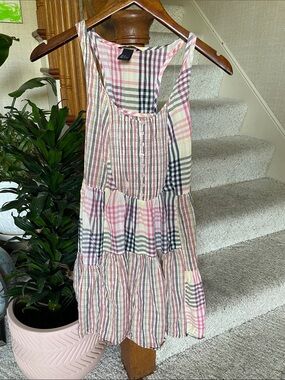 H&M Pink Plaid Patchwork Tiered Sundress with Pastel Accents